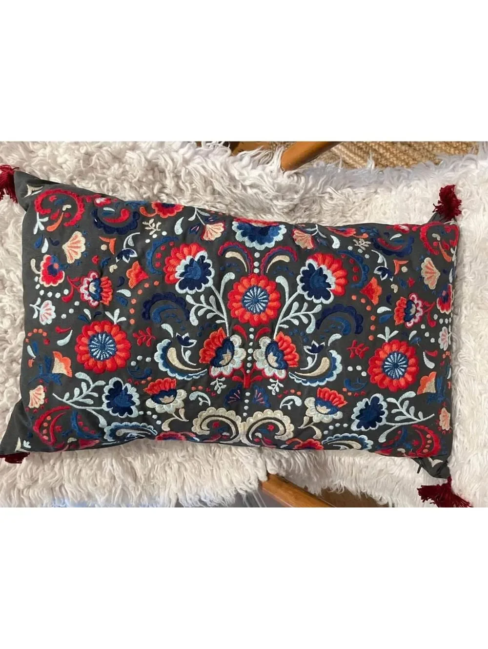 16x26” Gray pink blue boho folk embroidered tassels rectangle down throw pillow